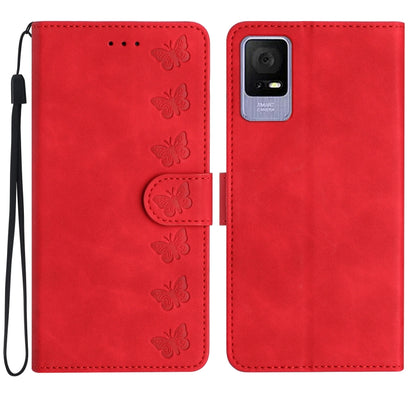 Red embossed leather phone wallet case with butterfly embossing, camera cutout, strap