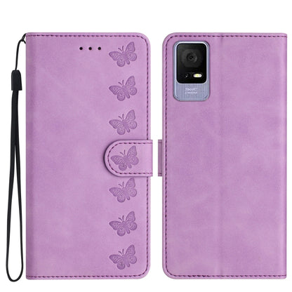 Purple embossed leather phone wallet case with butterfly embossing, camera cutout, strap