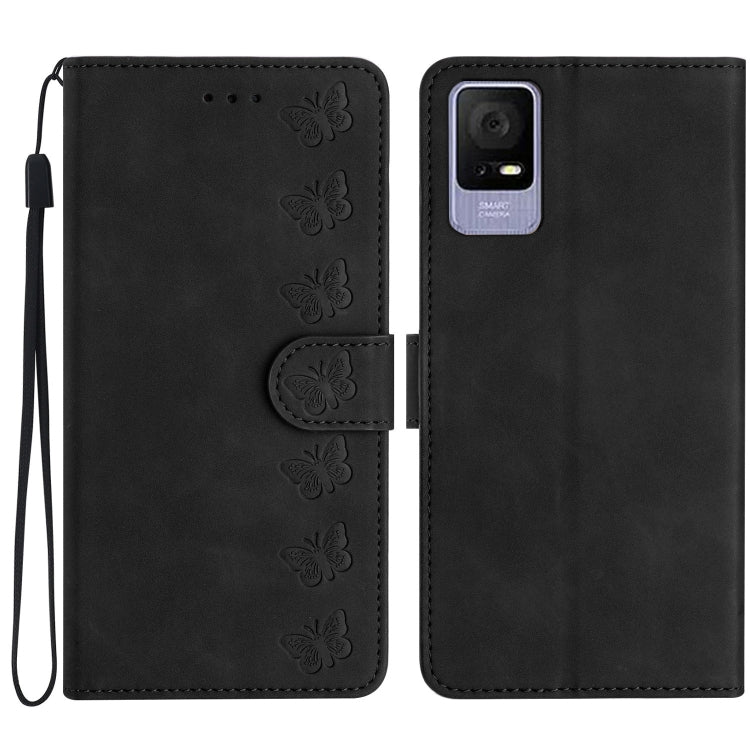 Black embossed leather phone wallet case with butterfly embossing, camera cutout, strap