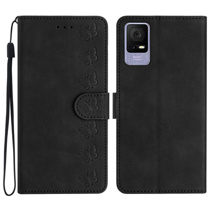 Black embossed leather phone wallet case with butterfly embossing, camera cutout, strap