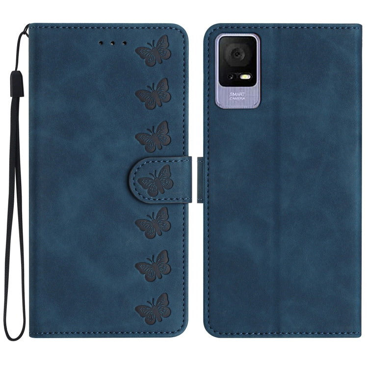 Blue embossed leather phone wallet case with butterfly embossing, camera cutout, strap