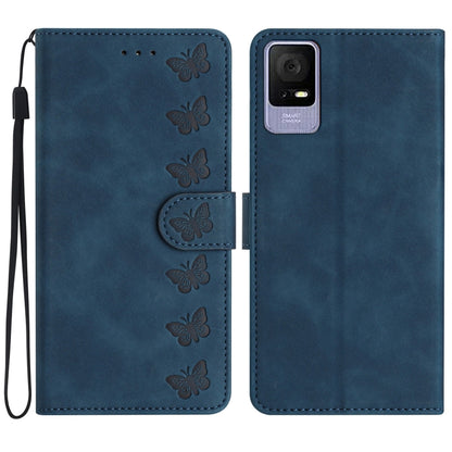 Blue embossed leather phone wallet case with butterfly embossing, camera cutout, strap