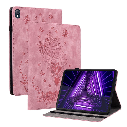 Pink embossed leather tablet case with butterfly and rose floral pattern, folio stand