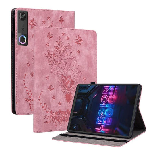 Pink rose and butterfly embossed leather tablet case with folio stand