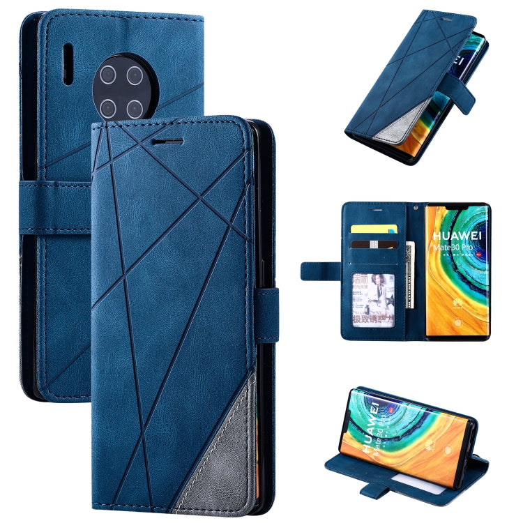 Blue leather flip phone case with geometric pattern and wallet card holder slots