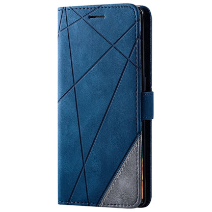 Blue leather flip phone case with geometric cross pattern, front view