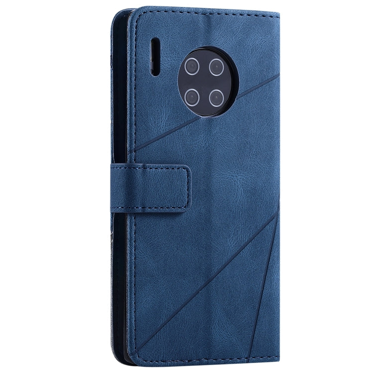 Blue leather flip phone case with camera cutout and geometric seam details