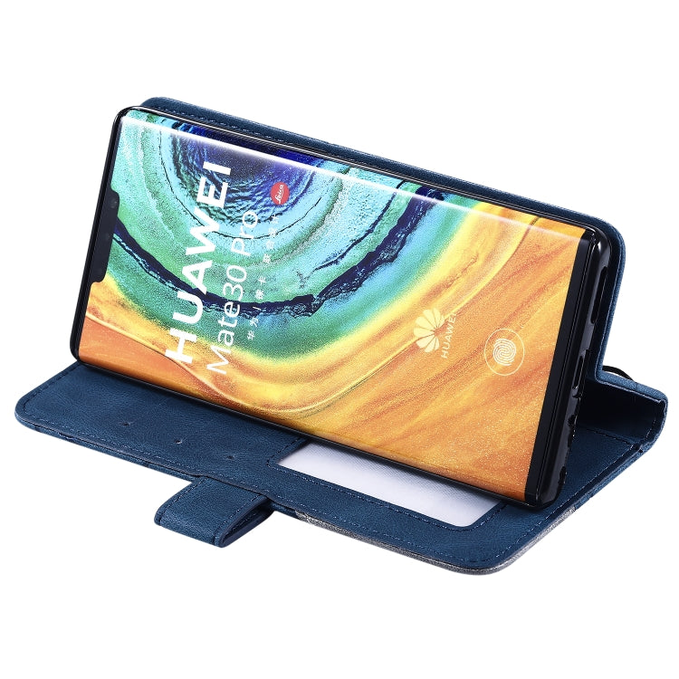 Blue leather flip phone case folded into a viewing stand