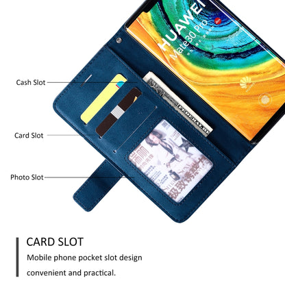 Blue leather wallet case interior with cash slot, card slot, and photo slot