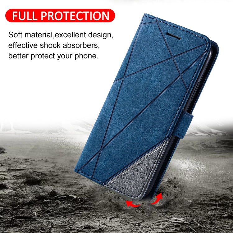 Blue leather flip phone case with diagonal cross pattern and stitched edges