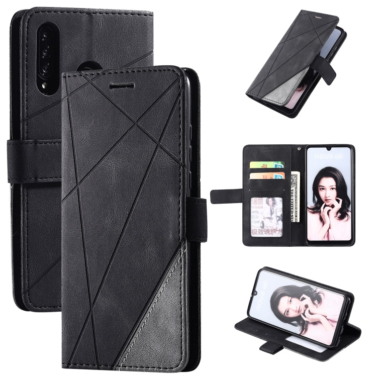 Leather flip phone case with card slots and photo frame, black, stitched geometric panel