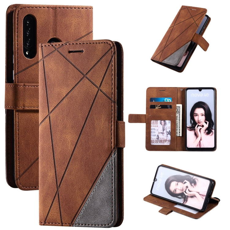 Brown leather flip phone case with geometric stitching, card slots, and photo window.