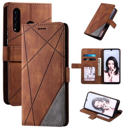 Brown leather flip phone case with geometric stitching, card slots, and photo window.
