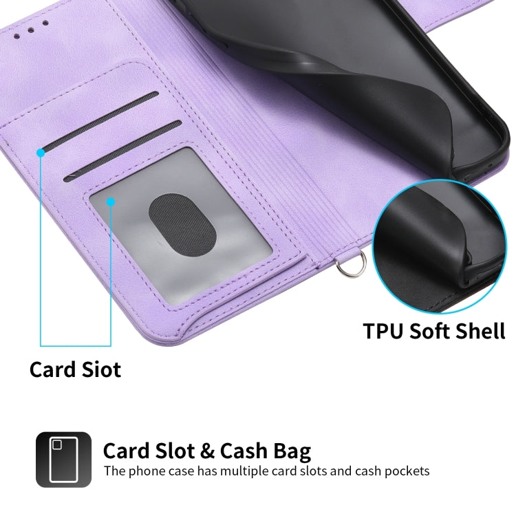 Lavender leather wallet phone case showing card slot and TPU soft shell