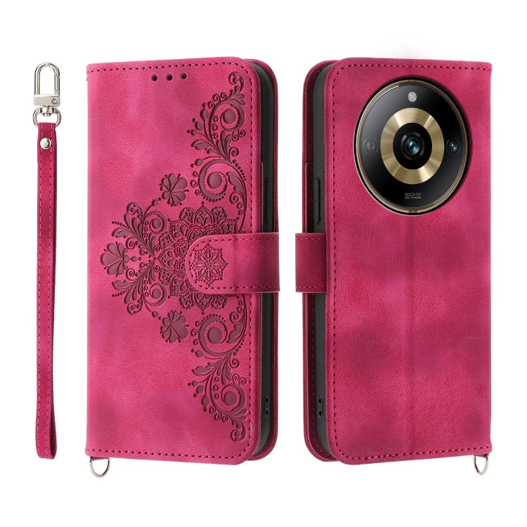 Magenta pink embossed floral leather wallet phone case with camera cutout
