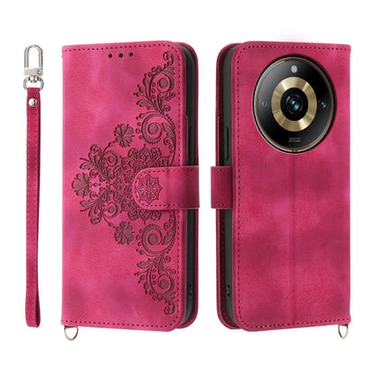 Magenta pink embossed floral leather wallet phone case with camera cutout