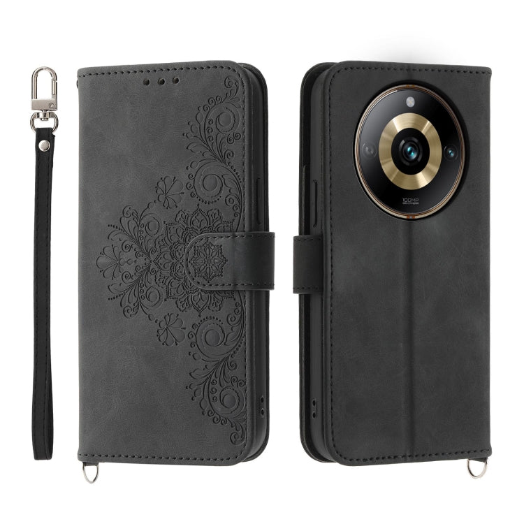 Dark gray embossed floral leather wallet phone case with wrist strap and flip cover