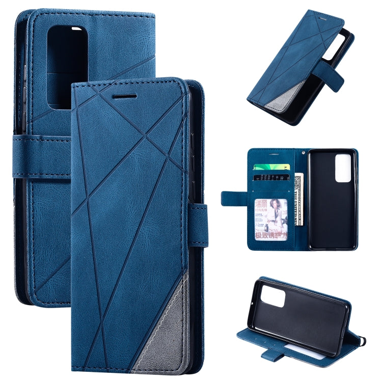 Blue leather flip phone case with card slot, photo slot, and back camera cutout