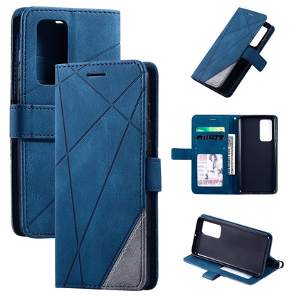 Blue leather flip phone case with card slot, photo slot, and back camera cutout
