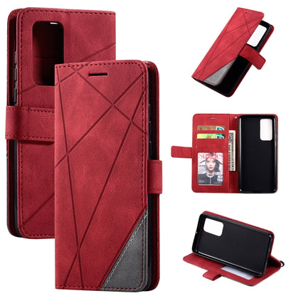 Leather flip phone case with card slots and photo frame, red, front cover detail