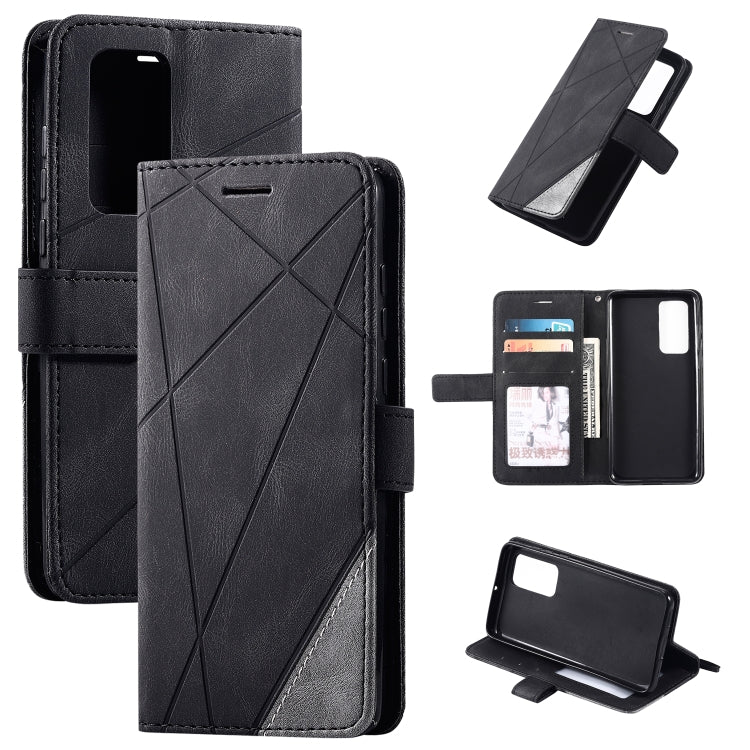 Leather flip phone case with card slots and photo frame, black, side view with holder