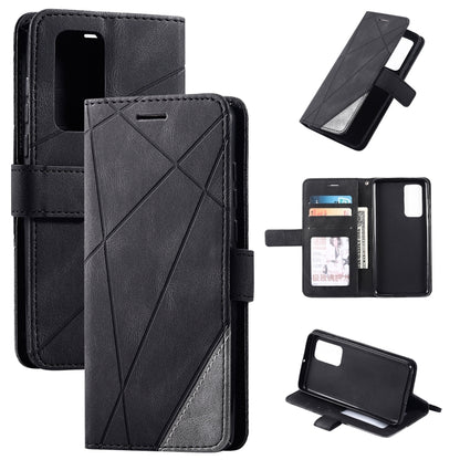 Leather flip phone case with card slots and photo frame, black, side view with holder