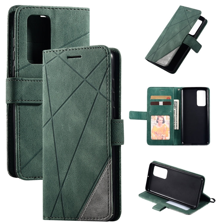Leather flip phone case with card slots and photo frame, green, front cover detail
