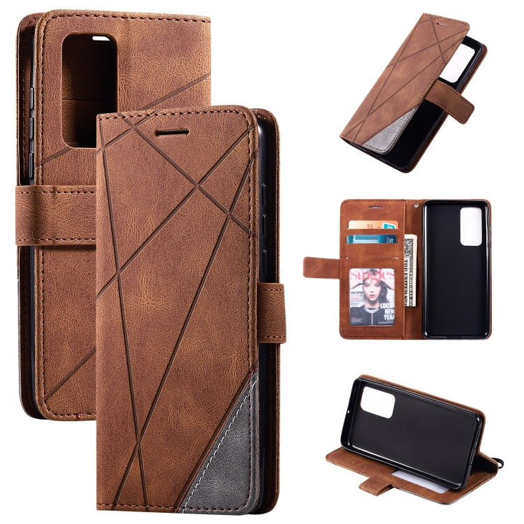 Brown leather flip phone case with diagonal pattern, card slots, and holder.