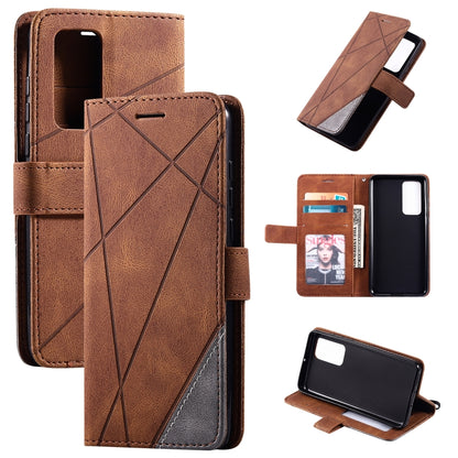 Brown leather flip phone case with diagonal pattern, card slots, and holder.