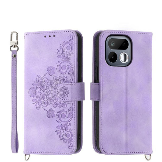 Lavender embossed flower wallet phone case with wrist strap and card slot