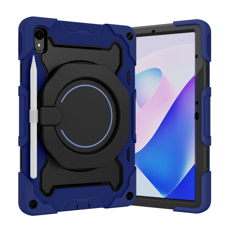 Navy blue armored tablet case with rotating ring kickstand and side grip strap