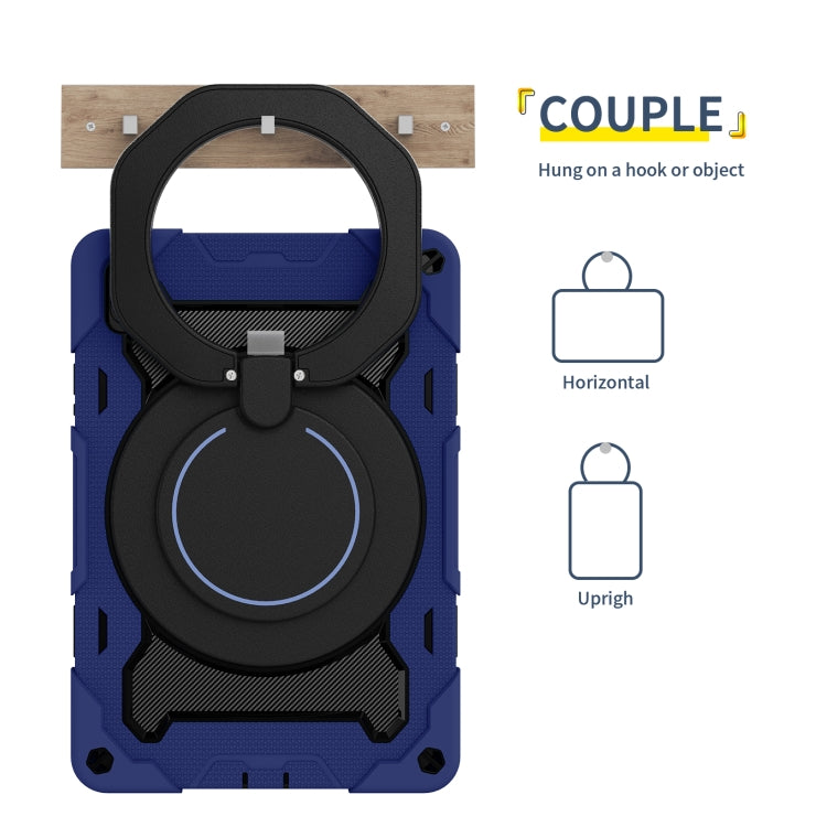 Navy blue armored tablet case with large circular stand and strap for grip