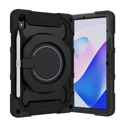 Black armored tablet case with rotating ring kickstand and side strap