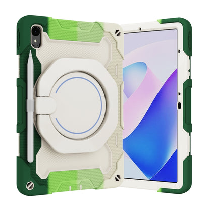 Green and multicolor armored tablet case with circular ring stand and side strap