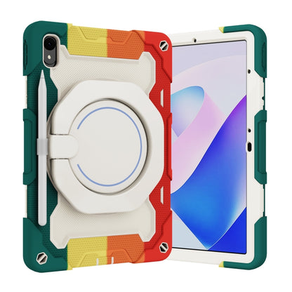 Colorful tablet case with ring holder, stand strap, and corner protection.