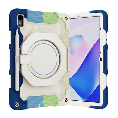 Colorful tablet case with circular ring holder and stand strap, protective corners.