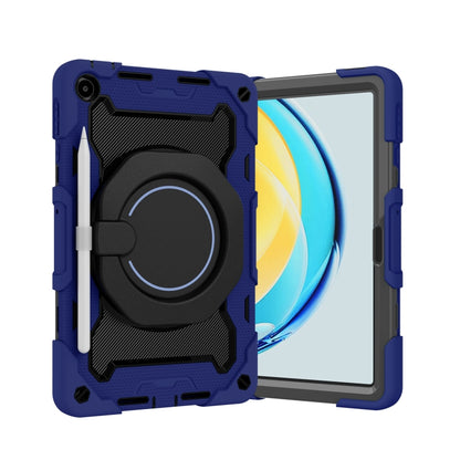 Navy tablet case with textured bumper and circular ring holder stand.