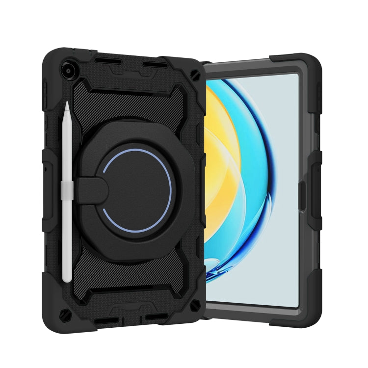 Black tablet case with textured bumper and circular ring holder stand.