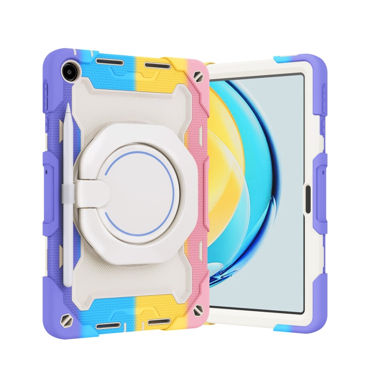 Colorful tablet case with circular ring holder and stand strap, protective corners.
