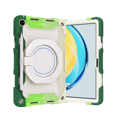 Colorful tablet case with circular ring holder and stand strap, protective corners.