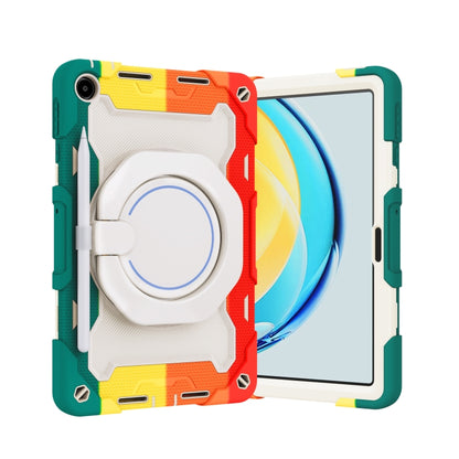 Colorful tablet case with circular ring holder and stand strap, protective corners.