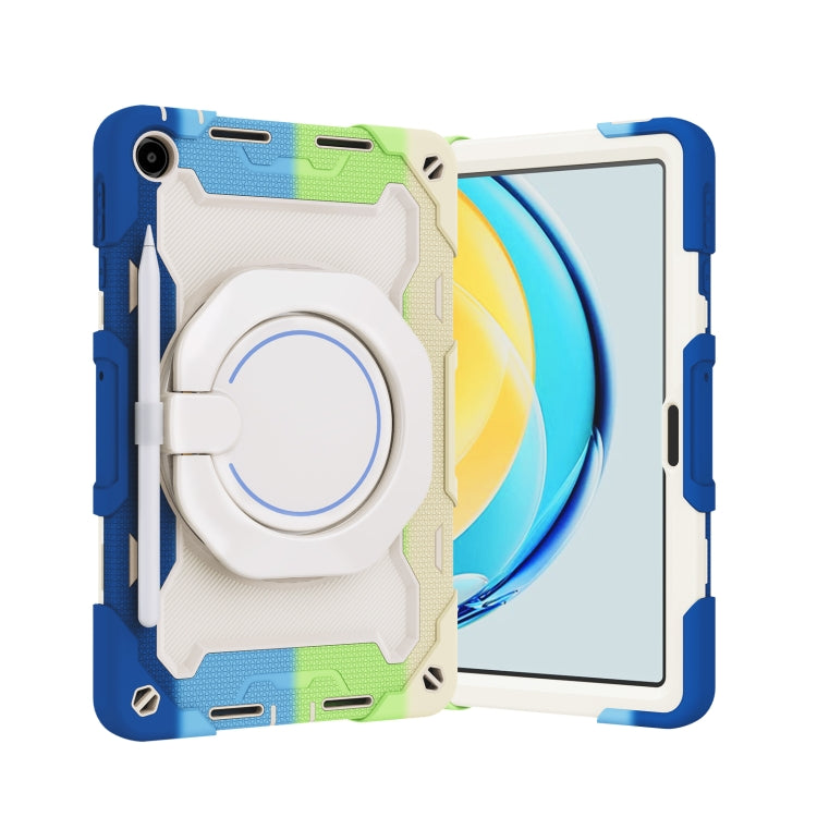 Colorful tablet case with circular ring holder and stand strap, protective corners.