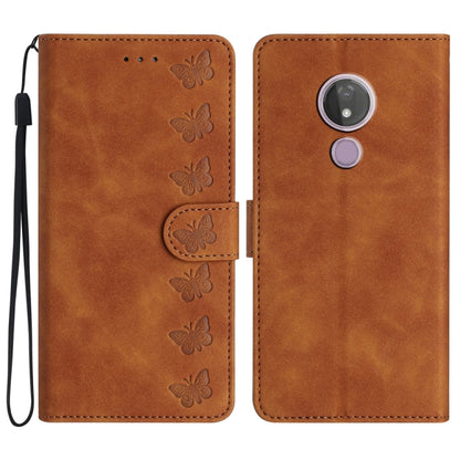 Brown embossed butterfly leather phone wallet case with wrist strap for Moto G7 Power