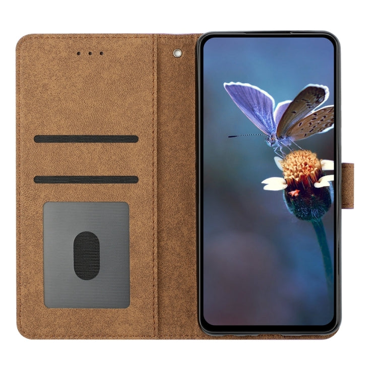 Brown leather folio phone case with embossed butterflies, card slot, and open stand