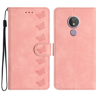 Pink embossed butterfly leather phone wallet case with wrist strap for Moto G7 Power