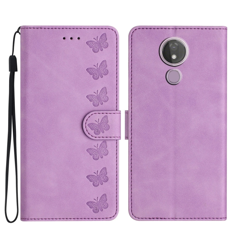 Purple embossed butterfly leather phone wallet case with wrist strap for Moto G7 Power