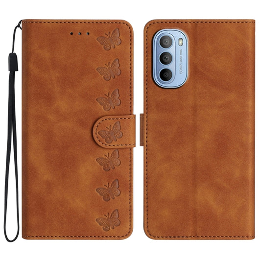 Brown embossed butterfly leather phone case with wrist strap, front and back view