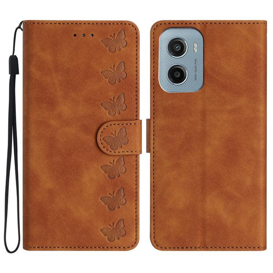 Brown embossed leather phone wallet case with butterfly cutout design and flip cover.