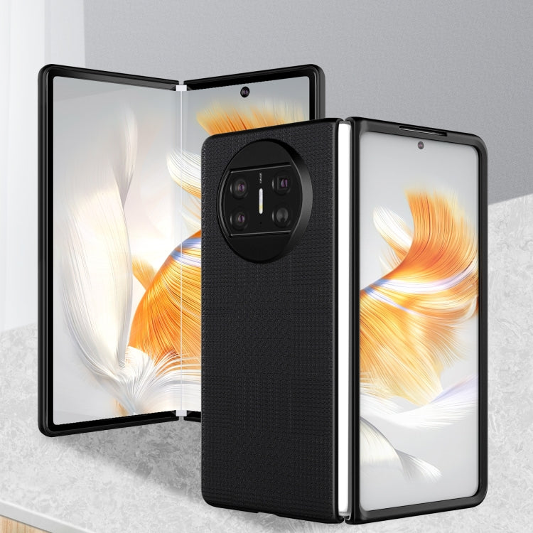 Black shockproof phone case for a foldable phone, textured finish, raised camera module