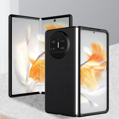Black shockproof phone case for a foldable phone, textured finish, raised camera module